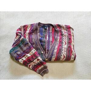 Cotton Traders Sweater XL | 3D Earth-Tone Pattern Cardigan